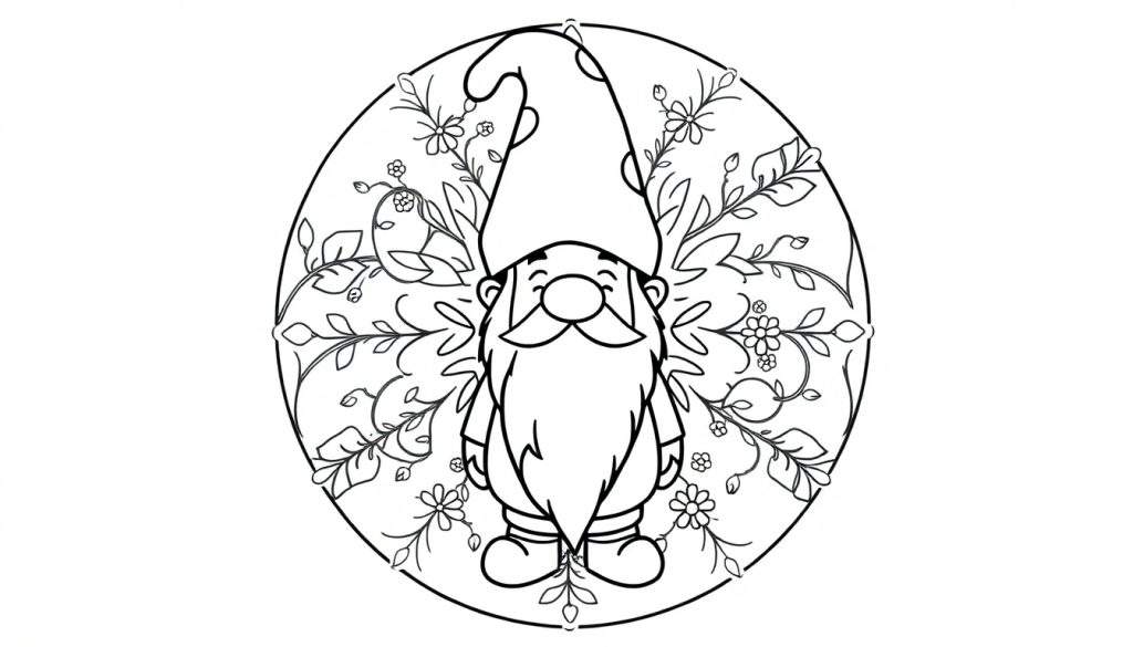 Kleurplaat van een kabouter in een mandala-vorm met bloemen en takjes, klaar om ingekleurd te worden.