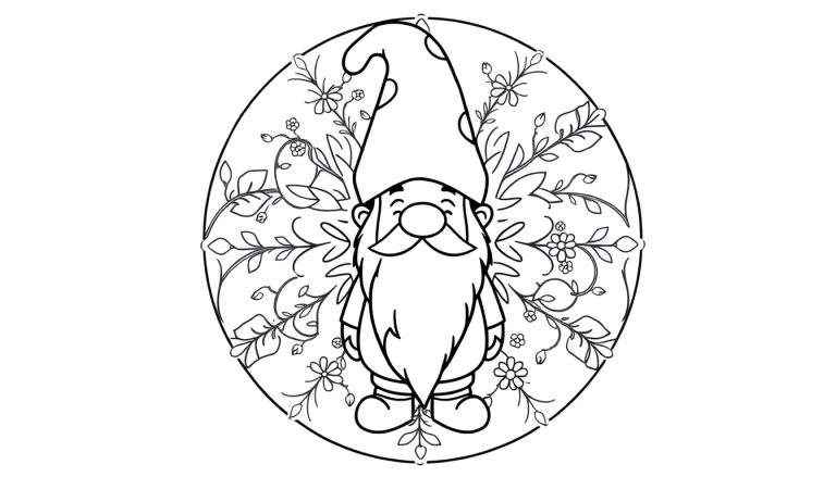 Kleurplaat van een kabouter in een mandala-vorm met bloemen en takjes, klaar om ingekleurd te worden.