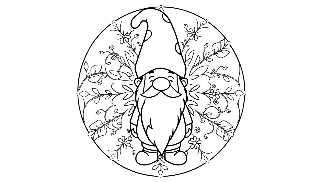 Kleurplaat van een kabouter in een mandala-vorm met bloemen en takjes, klaar om ingekleurd te worden.