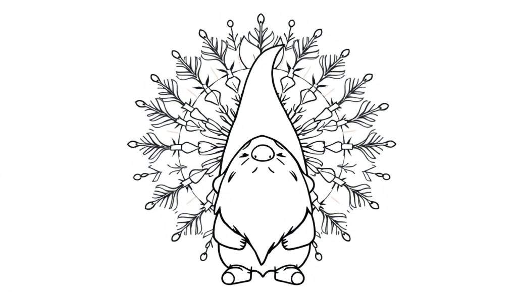 Kleurplaat van een mandala met een kabouter in het midden, omringd door bladeren en takken.