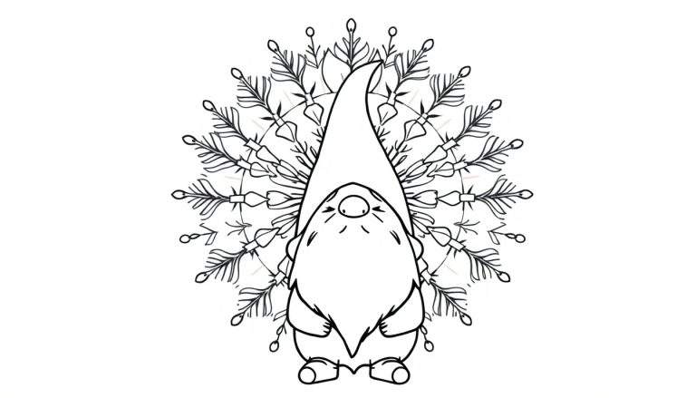 Kleurplaat van een mandala met een kabouter in het midden, omringd door bladeren en takken.