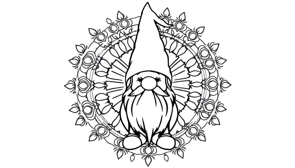 Kleurplaat van een mandala met een kabouter in het midden.