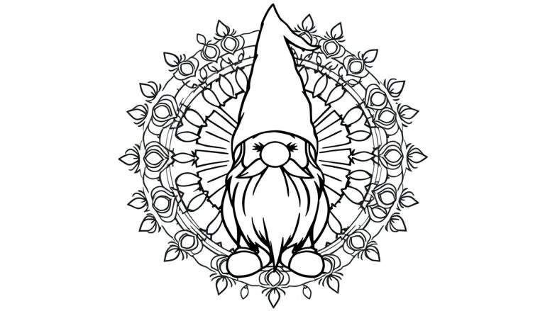 Kleurplaat van een mandala met een kabouter in het midden.