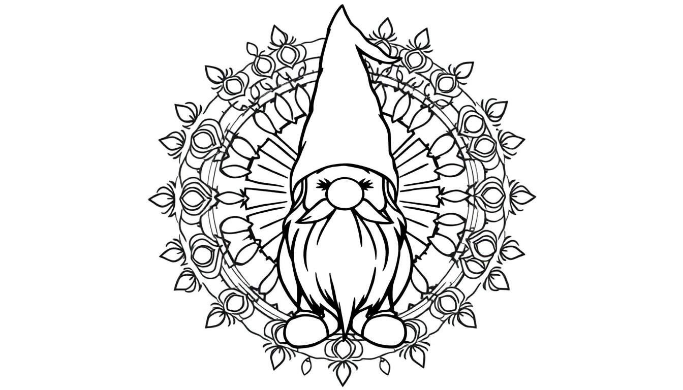 Kleurplaat van een mandala met een kabouter in het midden.