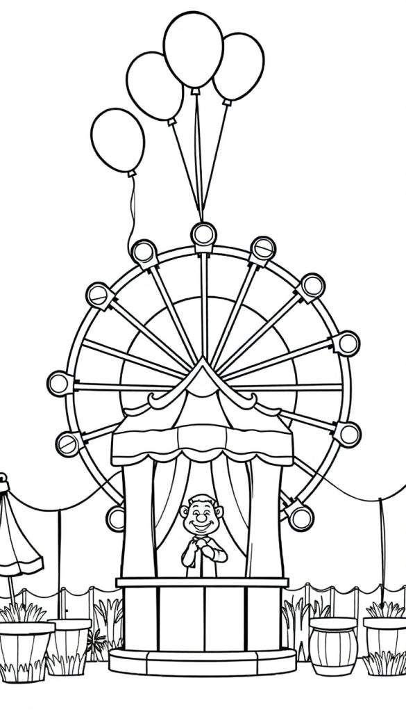 Kleurplaat van een kermis met een reuzenrad, ballonnen, een kraampje en plantenbakken.