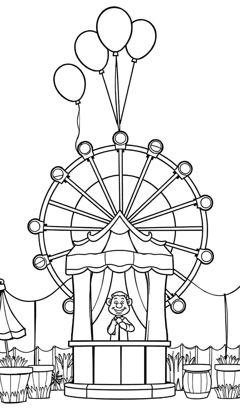 Kleurplaat van een kermis met een reuzenrad, ballonnen, een kraampje en plantenbakken.