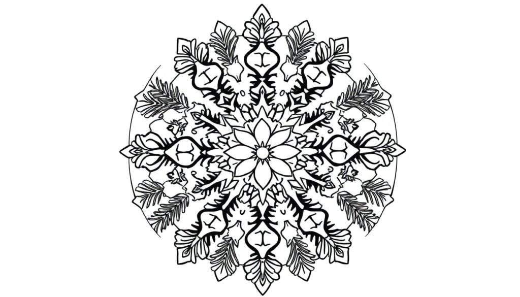 Een zwart-wit kerst mandala kleurplaat met bloemen en bladeren.