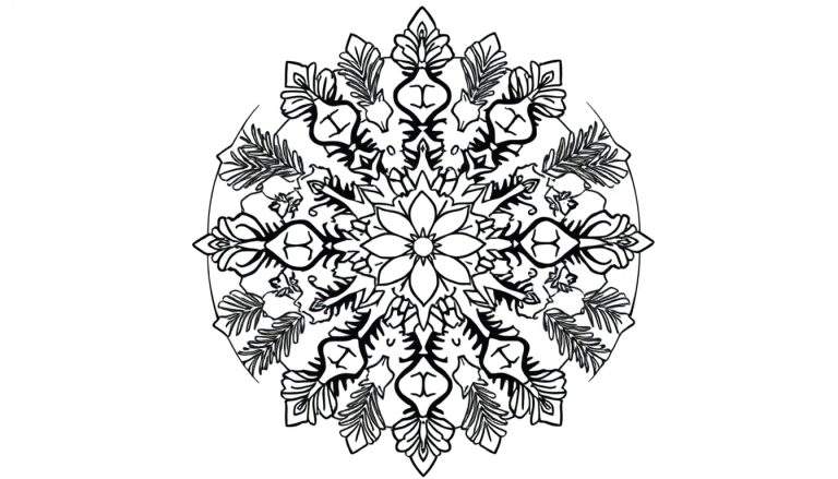Een zwart-wit kerst mandala kleurplaat met bloemen en bladeren.
