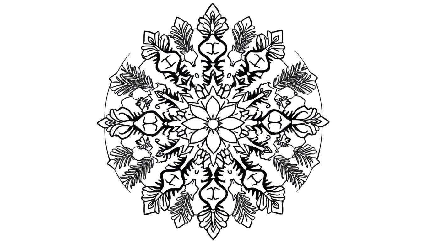 Een zwart-wit kerst mandala kleurplaat met bloemen en bladeren.