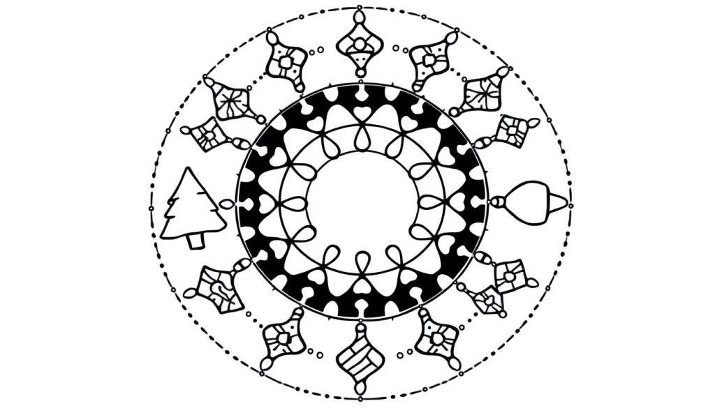 Zwart-wit kerst mandala kleurplaat met een kerstboom en kerstballen in cirkelvormige patronen.