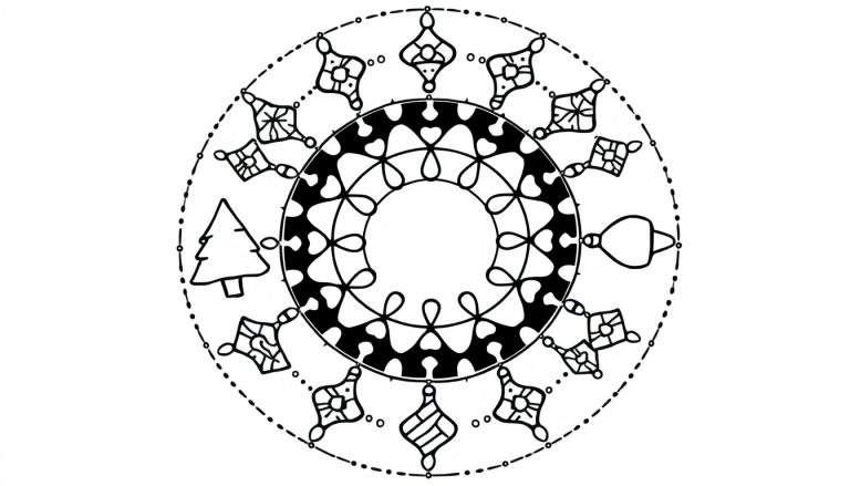 Zwart-wit kerst mandala kleurplaat met een kerstboom en kerstballen in cirkelvormige patronen.