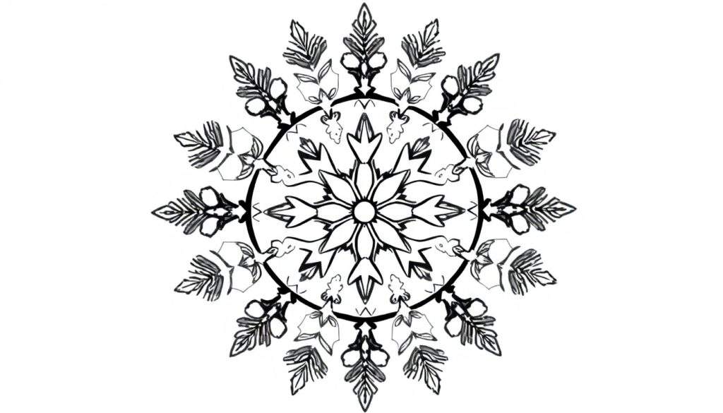 Een zwart-witte mandala kleurplaat met een sneeuwvlok-achtig ontwerp, handgetekende lijnen en een witte achtergrond.