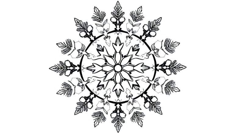 Een zwart-witte mandala kleurplaat met een sneeuwvlok-achtig ontwerp, handgetekende lijnen en een witte achtergrond.