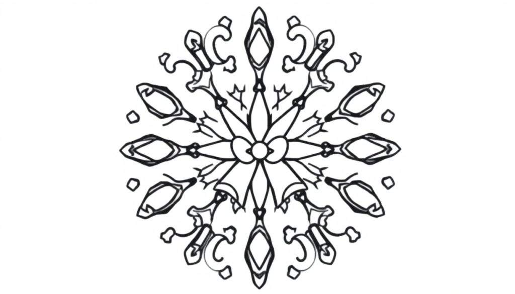 Kleurplaat van een complexe, gestileerde sneeuwvlok mandala met zes symmetrische armen, bloemachtige patronen, linten, puntige bladeren, ovale en ruitvormige figuren, en art nouveau-krullen.