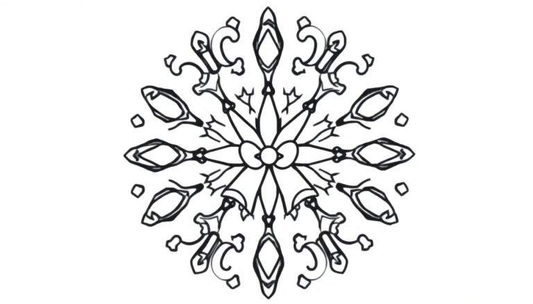 Kleurplaat van een complexe, gestileerde sneeuwvlok mandala met zes symmetrische armen, bloemachtige patronen, linten, puntige bladeren, ovale en ruitvormige figuren, en art nouveau-krullen.