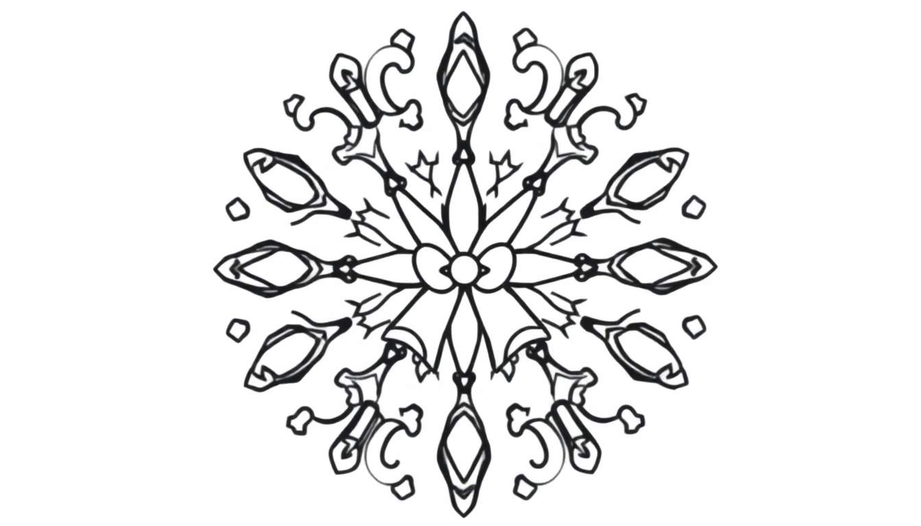 Kleurplaat van een complexe, gestileerde sneeuwvlok mandala met zes symmetrische armen, bloemachtige patronen, linten, puntige bladeren, ovale en ruitvormige figuren, en art nouveau-krullen.