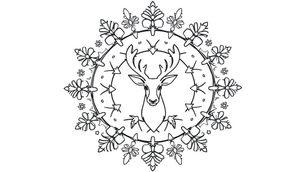 Kleurplaat van een kerstmandala met een hert, gestileerde sneeuwvlok-achtige bloemen en bladeren.