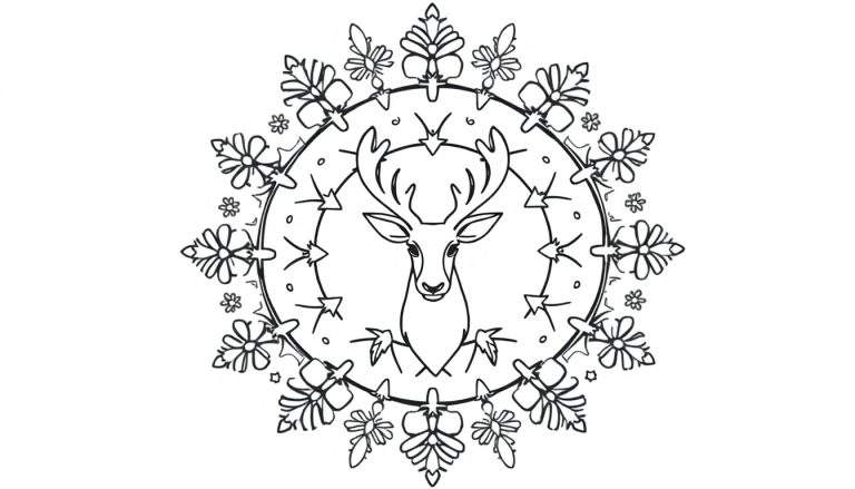 Kleurplaat van een kerstmandala met een hert, gestileerde sneeuwvlok-achtige bloemen en bladeren.