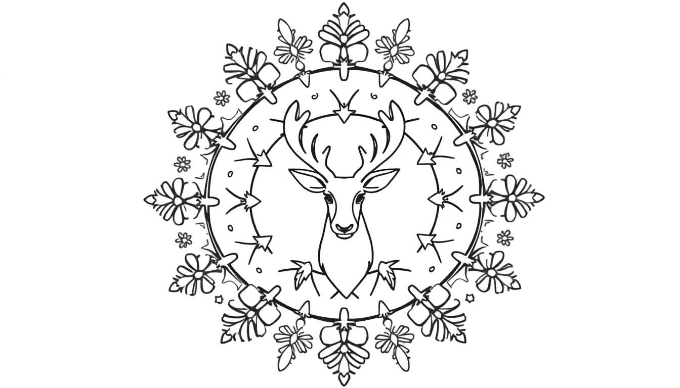 Kleurplaat van een kerstmandala met een hert, gestileerde sneeuwvlok-achtige bloemen en bladeren.