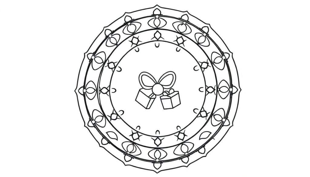 Kleurplaat van een kerstmandala met een strik en twee cadeautjes.