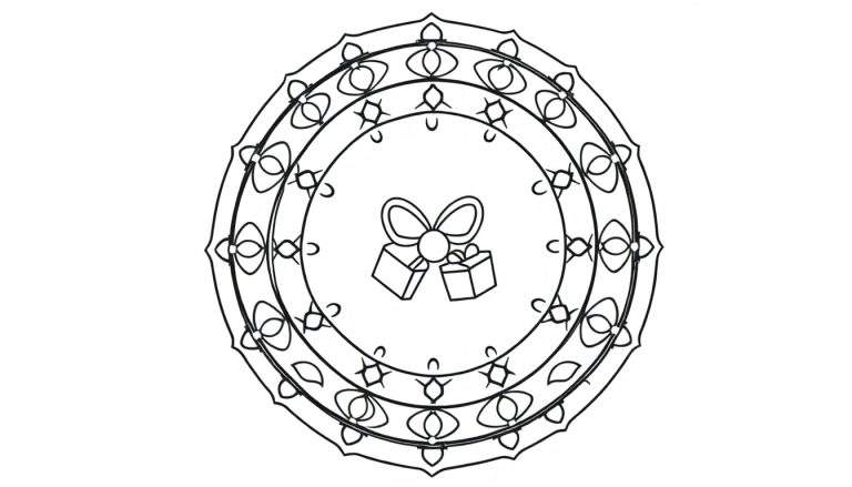 Kleurplaat van een kerstmandala met een strik en twee cadeautjes.
