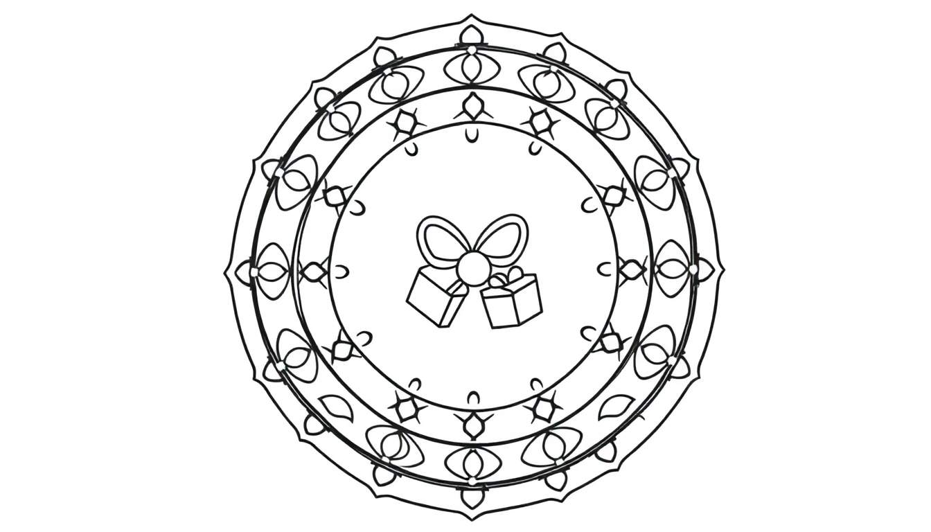 Kleurplaat van een kerstmandala met een strik en twee cadeautjes.