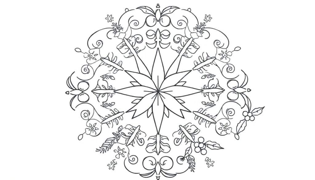 Zwart-witte mandala kleurplaat met kerstthema, met een bloem in het midden, bessen en kleine diertjes.