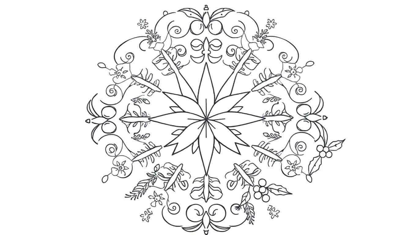 Zwart-witte mandala kleurplaat met kerstthema, met een bloem in het midden, bessen en kleine diertjes.