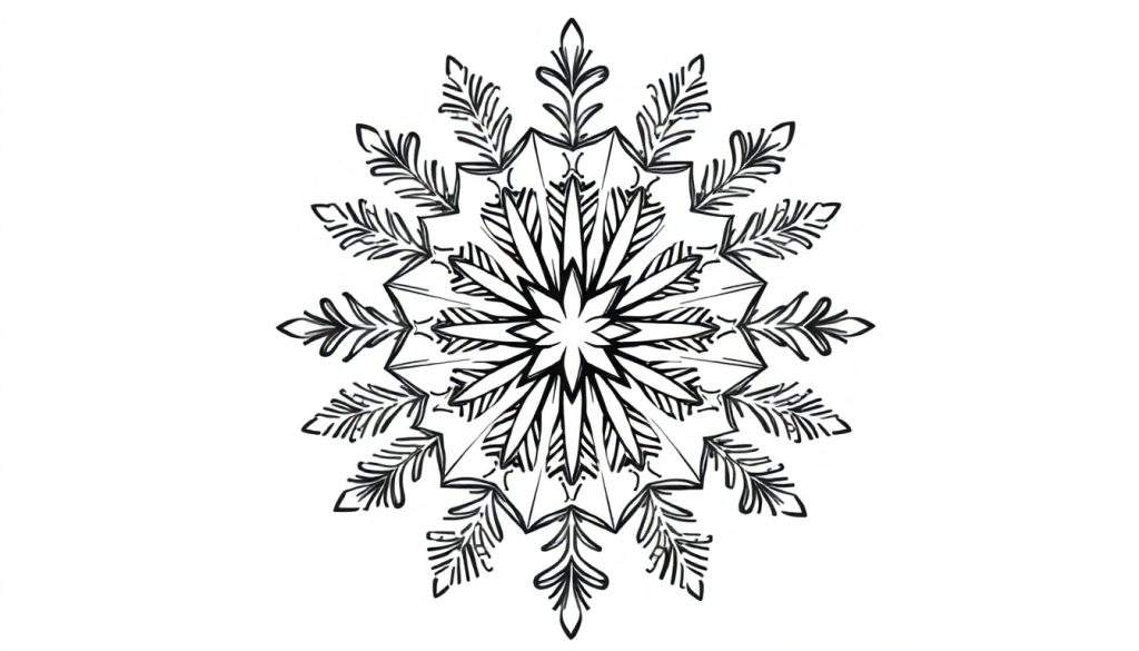 Gestileerde sneeuwvlok kerstmandala kleurplaat met 12 varenblad punten op witte achtergrond.