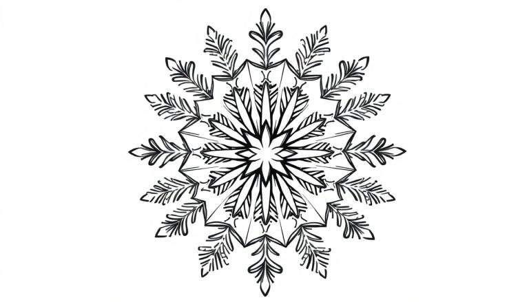 Gestileerde sneeuwvlok kerstmandala kleurplaat met 12 varenblad punten op witte achtergrond.