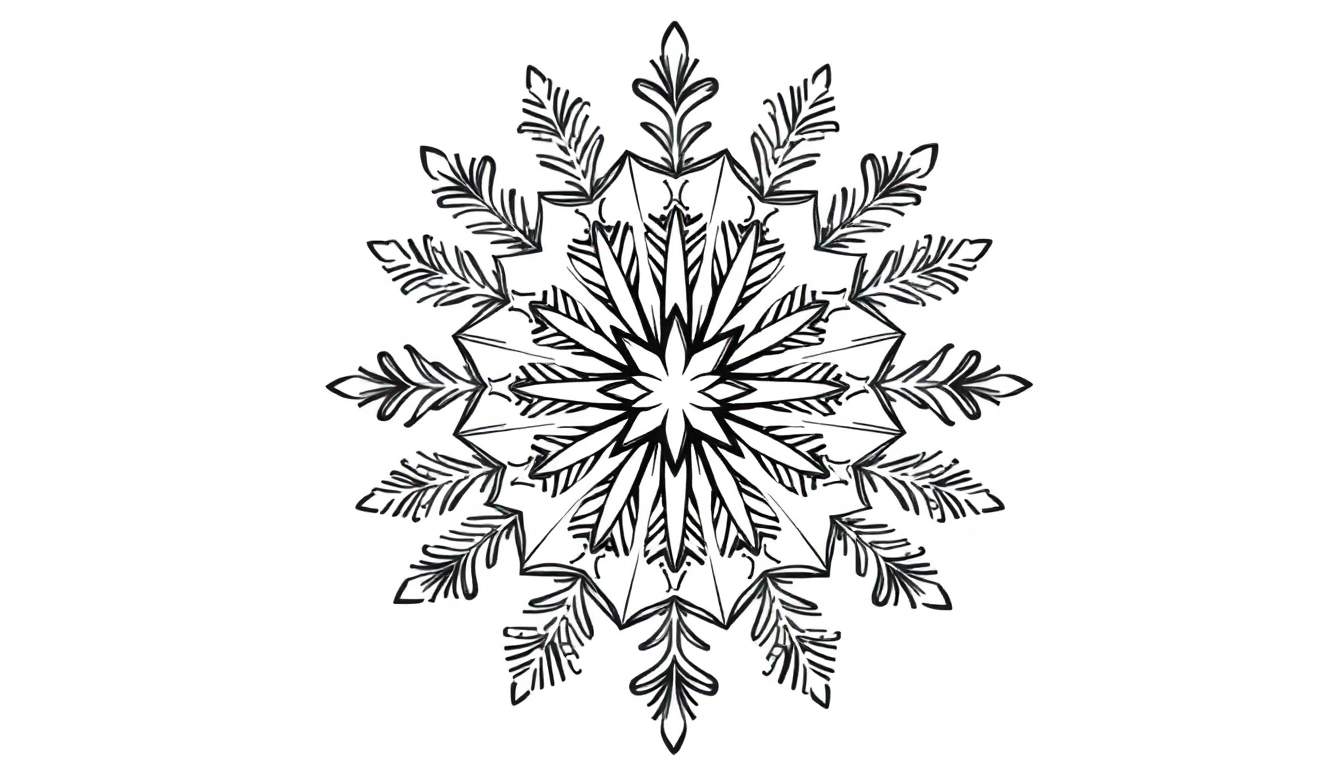 Gestileerde sneeuwvlok kerstmandala kleurplaat met 12 varenblad punten op witte achtergrond.