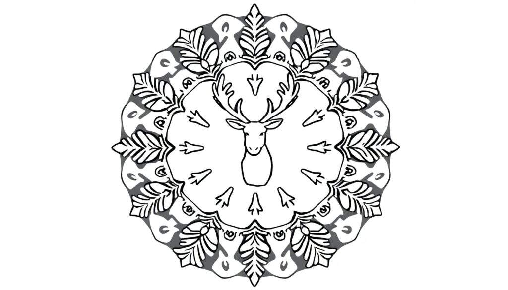 Kleurplaat van een symmetrische kerstmandala met een hert met geweien als centraal element, omringd door bladeren en ornamenten.