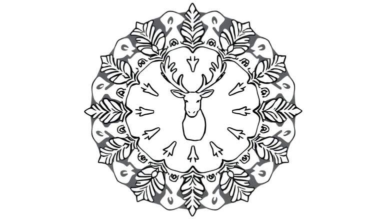 Kleurplaat van een symmetrische kerstmandala met een hert met geweien als centraal element, omringd door bladeren en ornamenten.