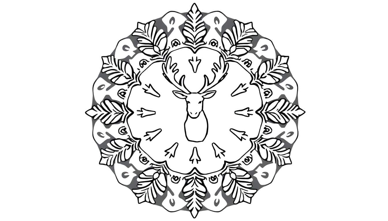 Kleurplaat van een symmetrische kerstmandala met een hert met geweien als centraal element, omringd door bladeren en ornamenten.