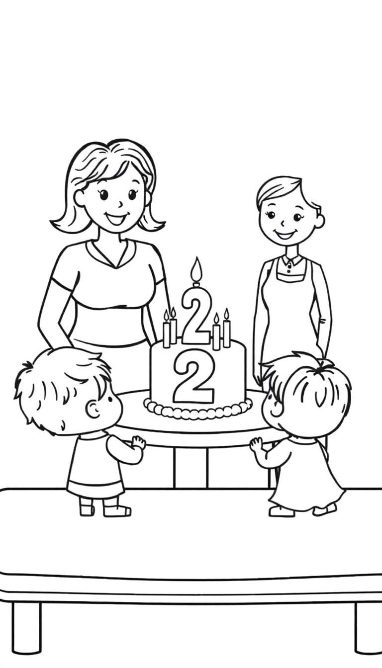 Kleurplaat van een kinderfeestje met een taart met 2 kaarsjes, vier kinderen en twee leidsters rondom een tafel.