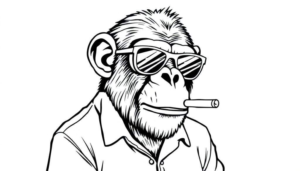 Zwart-witte tekening van een aap met zonnebril en sigaar, draagt een overhemd.