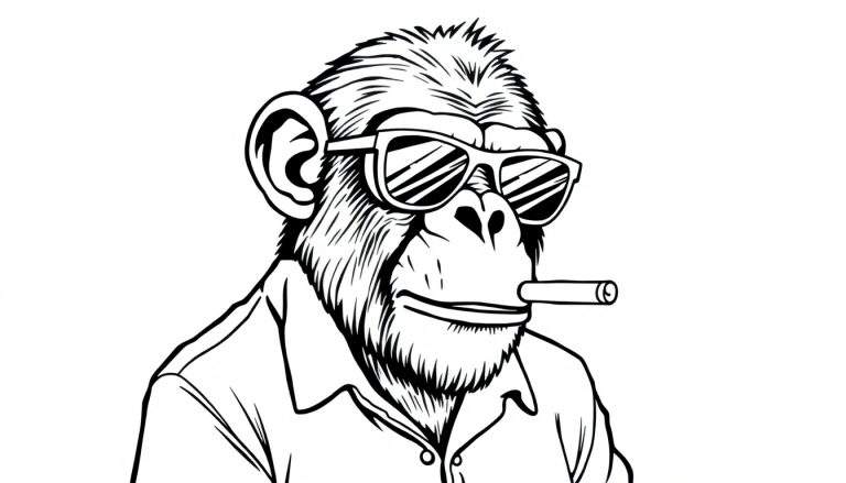 Zwart-witte tekening van een aap met zonnebril en sigaar, draagt een overhemd.