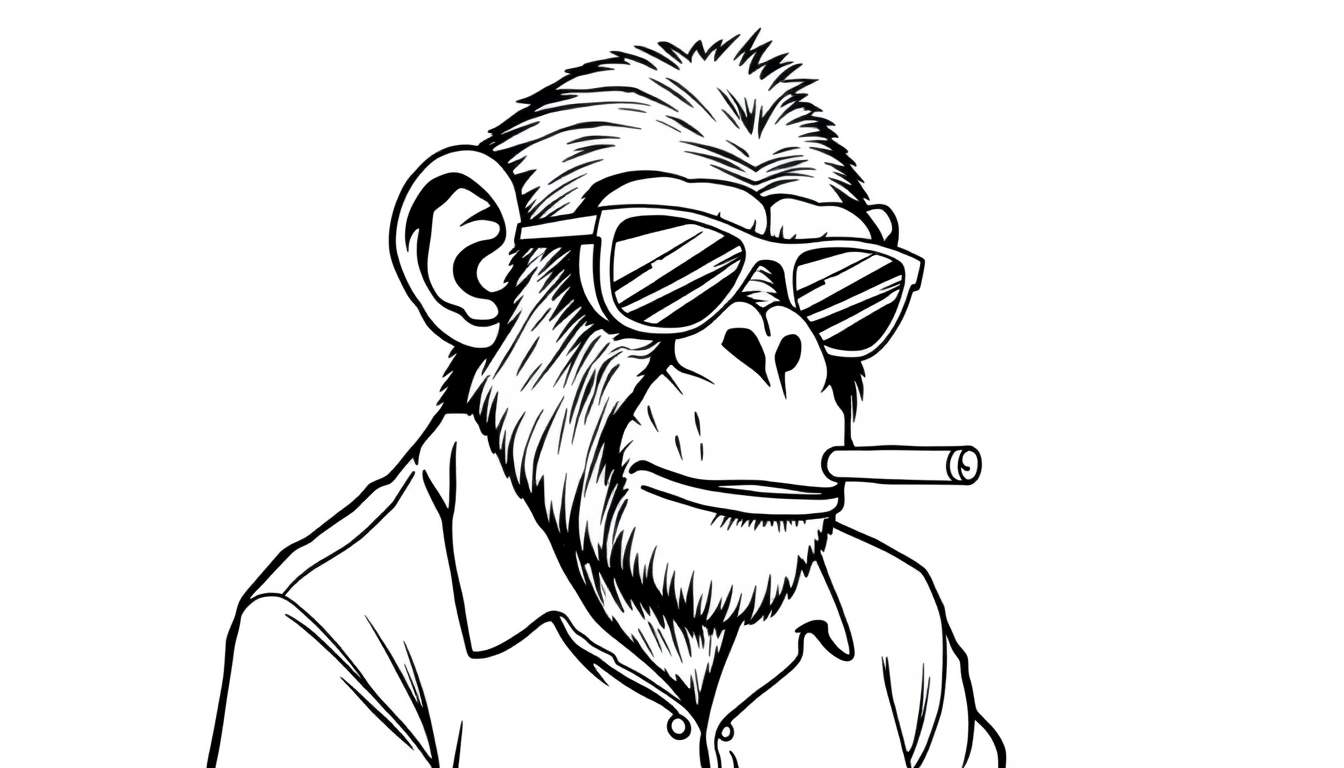 Zwart-witte tekening van een aap met zonnebril en sigaar, draagt een overhemd.
