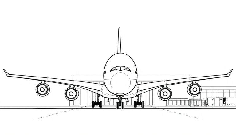Kleurplaat van een Airbus A380 van Emirates vliegtuig aan de gate, met luchthaventerminal op de achtergrond.