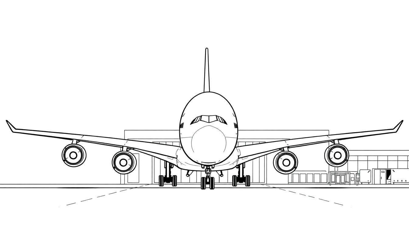 Kleurplaat van een Airbus A380 van Emirates vliegtuig aan de gate, met luchthaventerminal op de achtergrond.