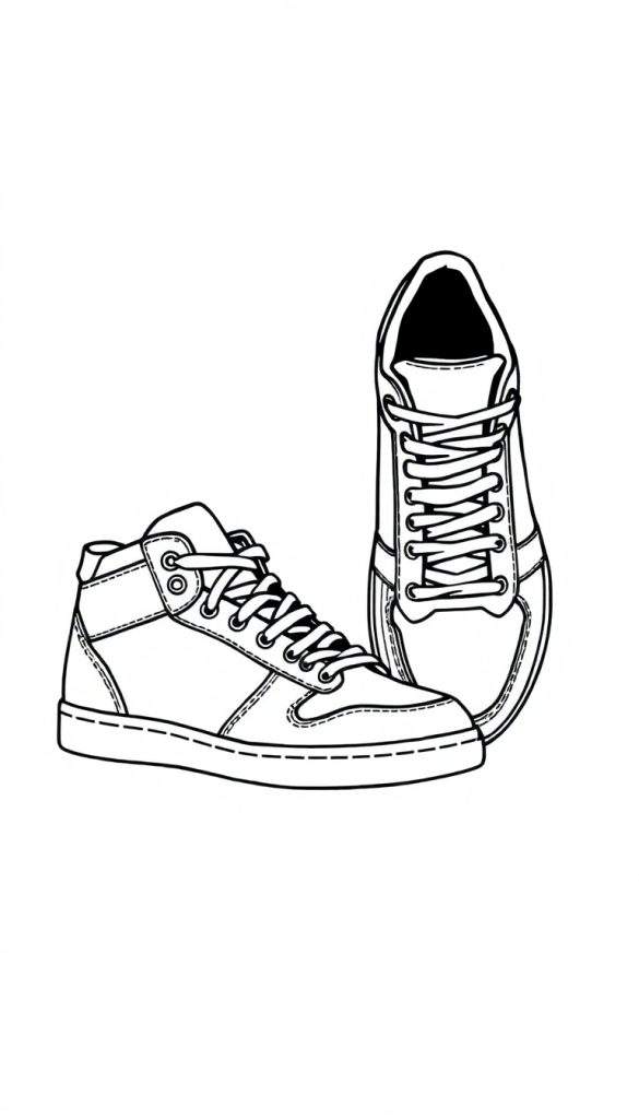 Kleurplaat van twee zwart-witte schetsen van Alexander McQueen sneakers, één van de zijkant en één van schuin voren, beide met veters en dikke zolen.