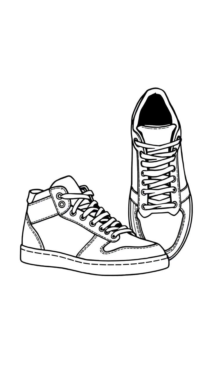 Kleurplaat van twee zwart-witte schetsen van Alexander McQueen sneakers, één van de zijkant en één van schuin voren, beide met veters en dikke zolen.