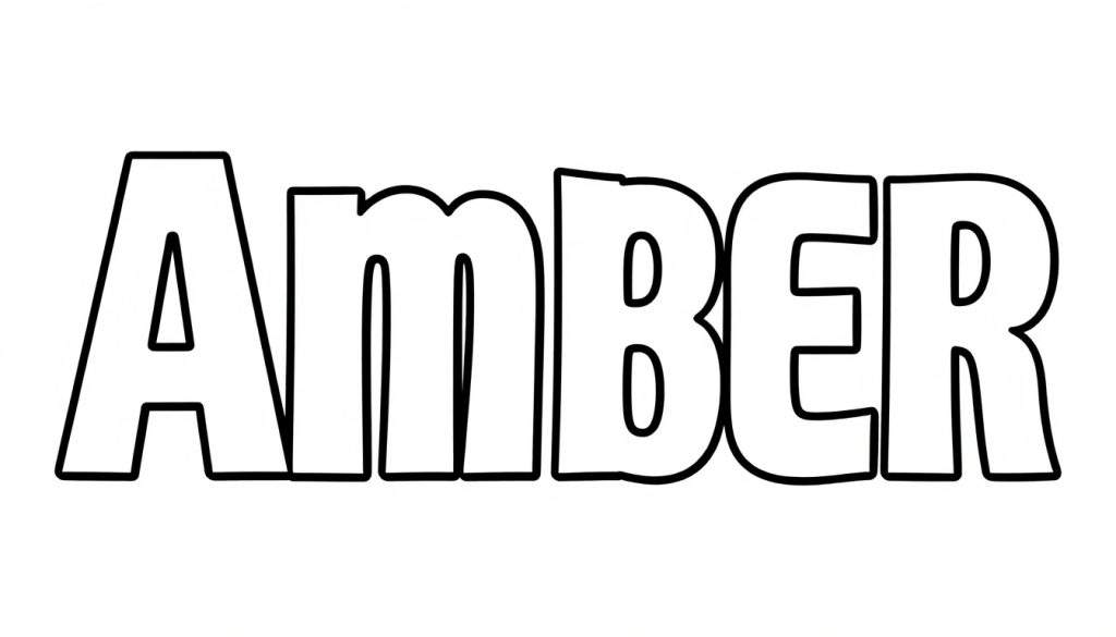 Kleurplaat van het woord AMBER in dikke, zwarte letters met lege kernen op een witte achtergrond.