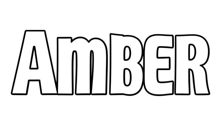 Kleurplaat van het woord AMBER in dikke, zwarte letters met lege kernen op een witte achtergrond.