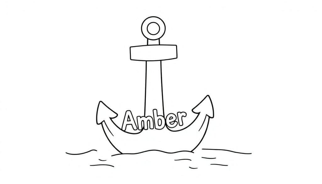 Kleurplaat van een anker met de naam 'Amber' erop, drijvend in het water.