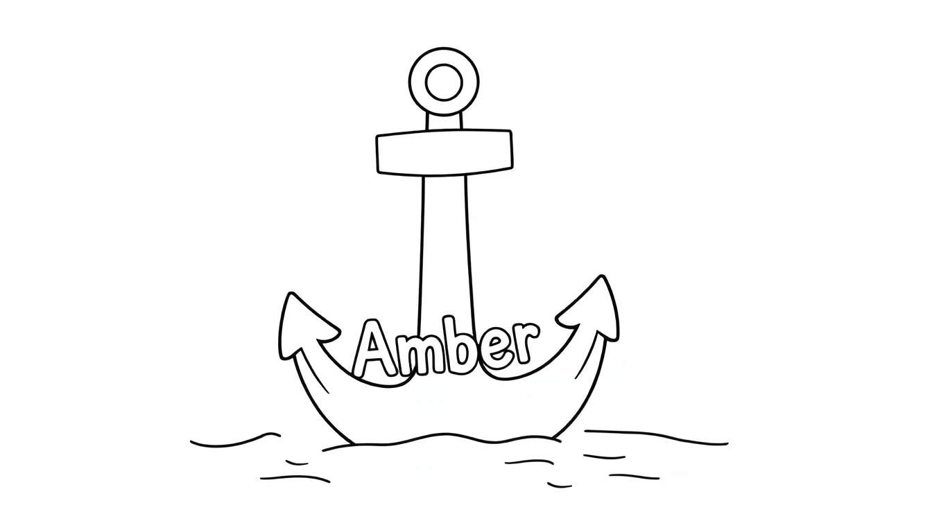 Kleurplaat van een anker met de naam 'Amber' erop, drijvend in het water.