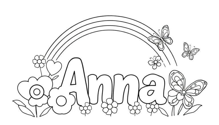 Kleurplaat met de naam Anna in het midden, omringd door een regenboog, bloemen en vlinders.