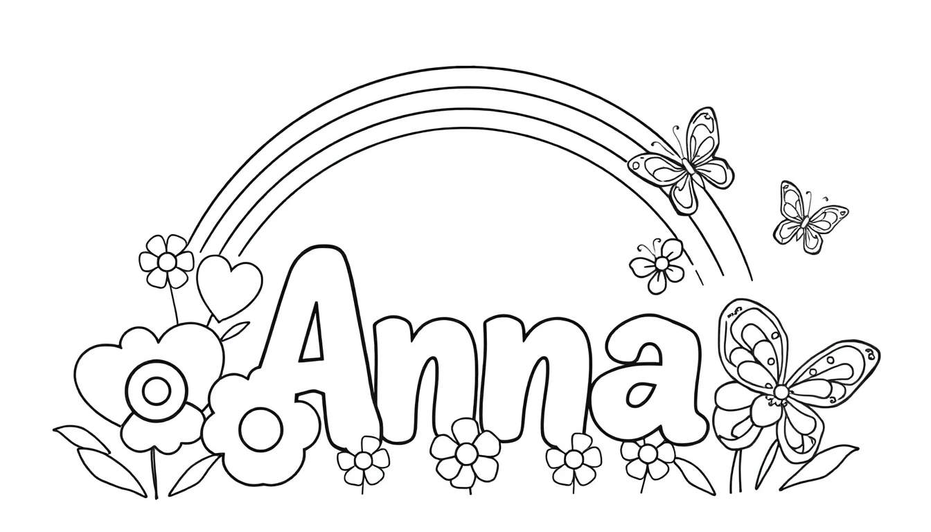 Kleurplaat met de naam Anna in het midden, omringd door een regenboog, bloemen en vlinders.