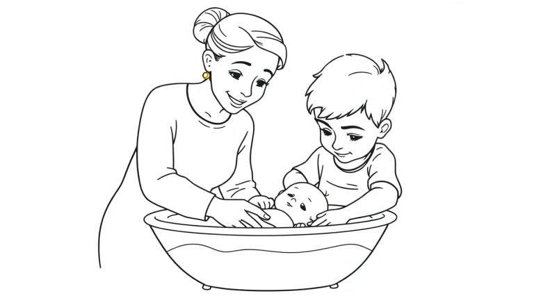 Kleurplaat van een kraamverzorgster, een jongetje van 2 jaar en een baby die samen badderen.