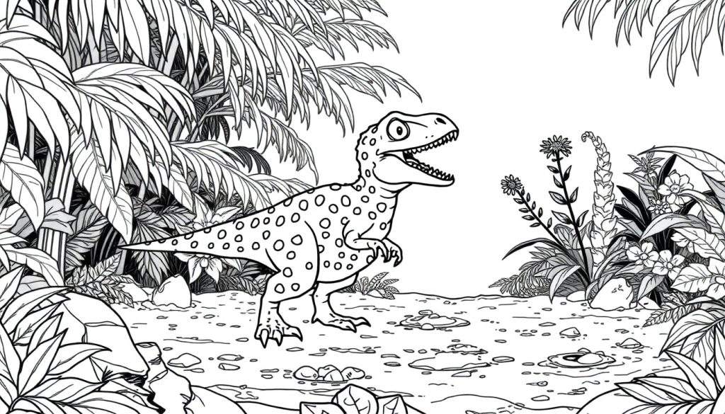 Zwart-wit tekening van een baby velociraptor die uit een ei klimt in een jungle met grote bladeren en bloemen.